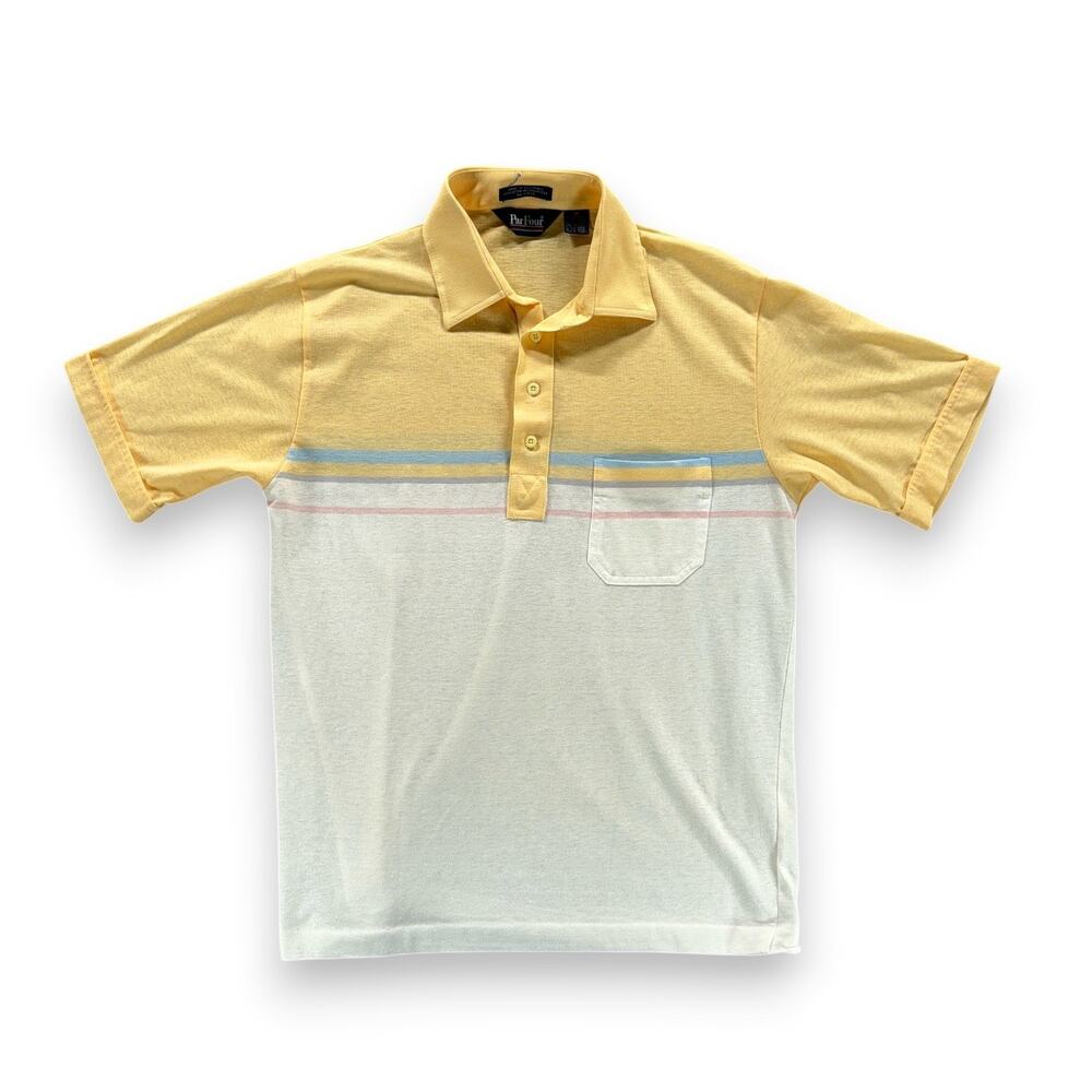 Vintage Pastel Polo Shirt Adult SMALL Yellow Striped Colorblock Par Four 80s
